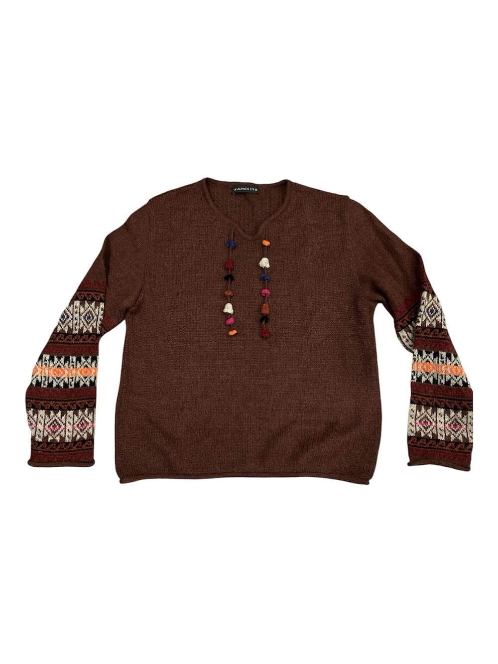 Alpaca III Brown Alpaca Blend Sweater Womens Boho Fair Isle Pattern Tassels Med.